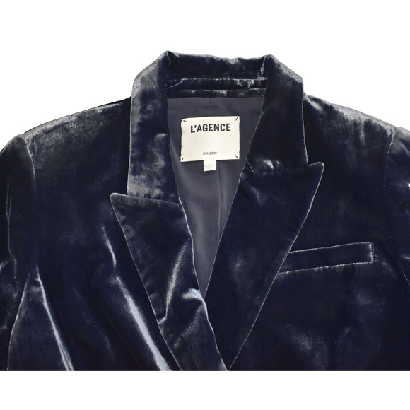 C0 Auth LAGENCE Ink Blue Velvet Double Breasted Cropped Jacket Blazer Size 6 - Picture 4 of 8